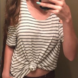 trendy off the shoulder white and black stripe top